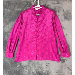 Givenchy Glamour Vintage Women's Blouse Size 13 Pink‎ Satin Jacquard Long Sleeve